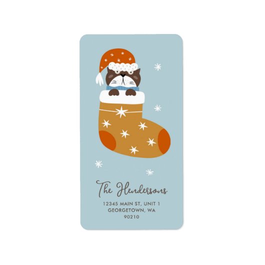 Schattigee kerstkat in kous verticaal etiket (Voorkant)