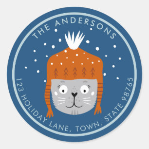 Schattigee Kerstkat in Oranje Pet Blauw Ronde Sticker