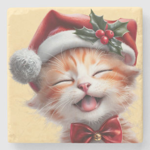 Schattigee Kerstkat met Santa Hat en Bow Stropdas Stenen Onderzetter