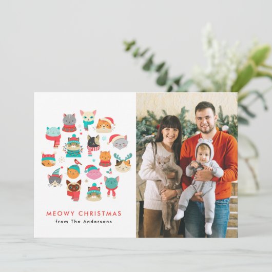 Schattigee Kerstkatten Meowy Kerstfoto Feestdagenkaart (Staand voorkant)