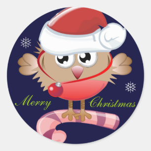 Schattigee kerstknop met kerstmuts- vogel & tekst ronde sticker