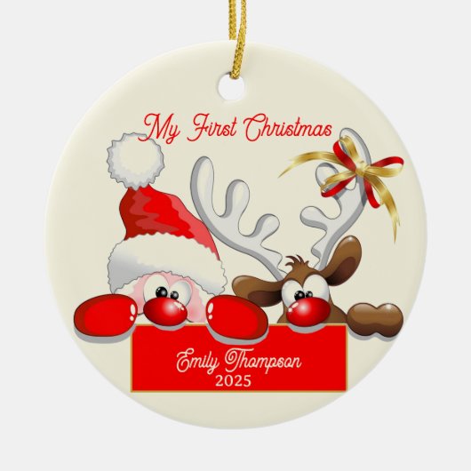 Schattigee kerstman en rendier Baby's eerste kerst Keramisch Ornament (Voorkant)