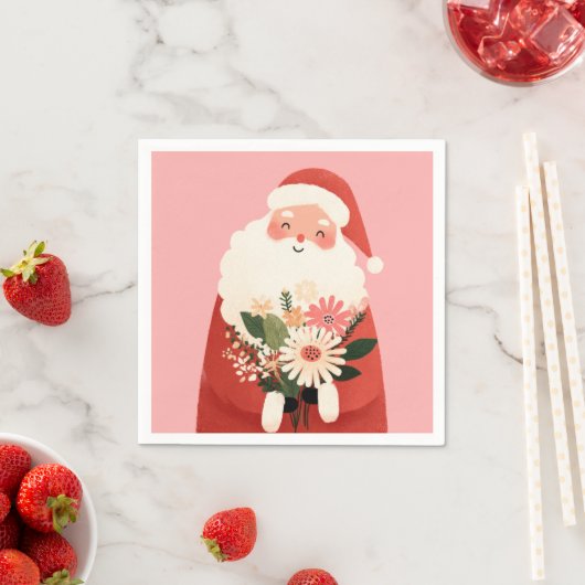 Schattigee Kerstman met Bloemen Roze Kerst Servet (Insitu)
