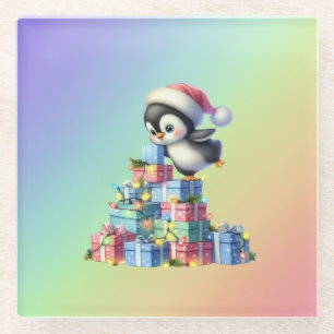 Schattigee kerstpinguïn met geschenken en lichten glazen onderzetter