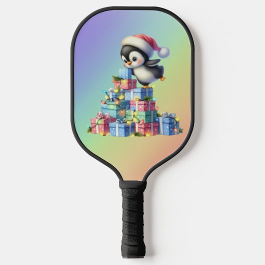 Schattigee kerstpinguïn met geschenken en lichten  pickleball paddle (Voorkant)