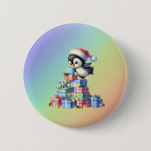 Schattigee kerstpinguïn met geschenken en lichten ronde button 5,7 cm (Voorkant)