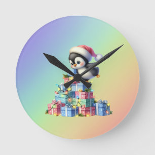 Schattigee kerstpinguïn met geschenken en lichten ronde klok