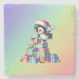 Schattigee kerstpinguïn met geschenken en lichten stenen onderzetter