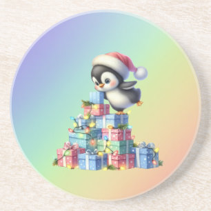Schattigee kerstpinguïn met geschenken en lichten zandsteen onderzetter