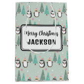 Schattigee kerstpinguïns met naam medium cadeauzakje (Voorkant)