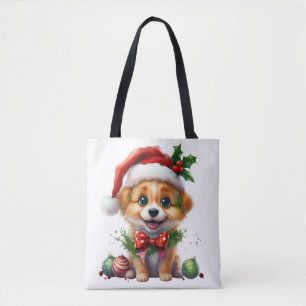 Schattigee kerstpuppy met kerstmuts en strik draagtas