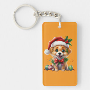 Schattigee kerstpuppy met kerstmuts en strik sleutelhanger