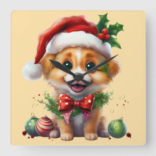 Schattigee kerstpuppy met kerstmuts en strik vierkante klok