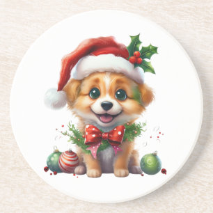Schattigee kerstpuppy met kerstmuts en strik zandsteen onderzetter