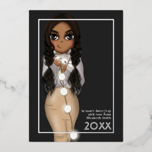 Schattigee kerstverlichting Afro-Amerikaanse vrouw Folie Feestdagenkaart