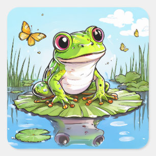 Schattigee kikker op een Lily Pad Vierkante Sticker