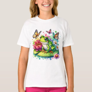 Schattigee Kikker op Lily Pad met Bloemen en Vlind T-shirt