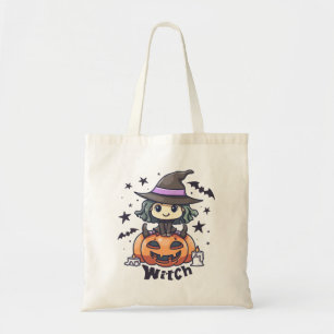 Schattigee Kind heks zittend op een pompoen - "Wit Tote Bag