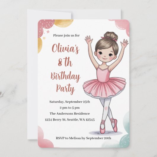 Schattigee Kinder Ballerina 8e Verjaardagsfeest Kaart (Voorkant)