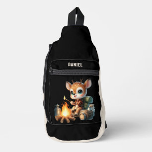 Schattigee kinder camping Voeg naam toe Herten Sling Bag