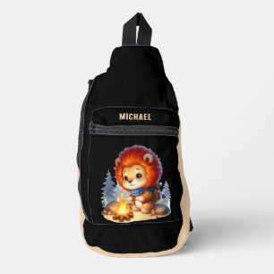 Schattigee kinder camping Voeg naam toe Lion Sling Bag