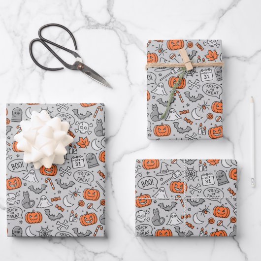 Schattigee Kinder Halloween Doodle Pattern Inpakpapier Vel (Voorkant)