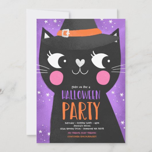Schattigee Kinder Halloween Party Witches Cat Spoo Kaart (Voorkant)