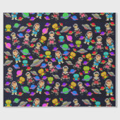 Schattigee Kinder Retro Astronauten, Robots en Pla Cadeaupapier (Vlak)