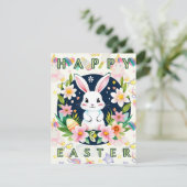 Schattigee Kinder Waterverf Bloemenkonijntje Ei Ha Feestdagenkaart (Staand voorkant)