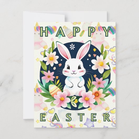 Schattigee Kinder Waterverf Bloemenkonijntje Ei Ha Feestdagenkaart (Voorkant)