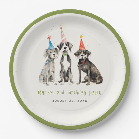 Schattigee Kinder Waterverf Pawty Dog Verjaardagsf Papieren Bordje (Voorkant)
