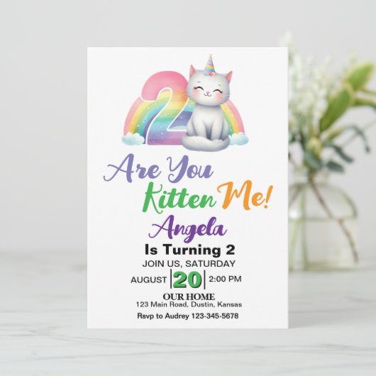 Schattigee kitten 2e verjaardagsfeestje kaart (Staand voorkant)