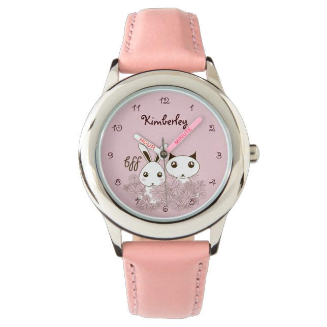 Schattigee Kitten Bunny Dierenvrienden Roze Kinder Horloge (Voorkant)