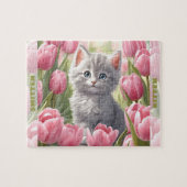 Schattigee Kitten Cat Spring Tulip Floral Aangepas Legpuzzel (Horizontaal)