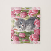 Schattigee Kitten Cat Spring Tulip Floral Aangepas Legpuzzel (Verticaal)