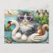 Schattigee kitten en eekhoorn wollen zwaan boot briefkaart (Voorkant)