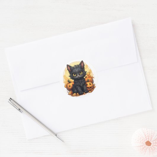 Schattigee Kitten en Jack-O-Lanterns Envelope Seal Ronde Sticker (Envelop)