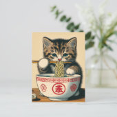 Schattigee kitten eten Ramen Woodblock Print Briefkaart (Staand voorkant)