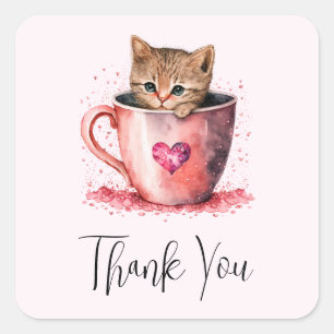 Schattigee kitten in een theekopje met harten dank vierkante sticker