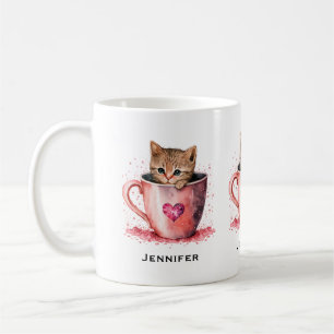 Schattigee kitten in een theekopje met harten koffiemok