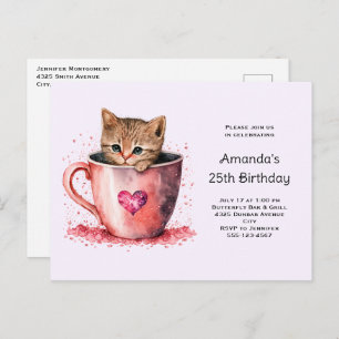 Schattigee kitten in een theekopje met harten Verj Uitnodiging Briefkaart