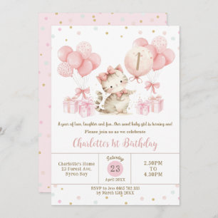 Schattigee kitten kat roze ballonnen 1e 2e 3e verj kaart