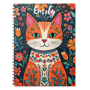 Schattigee kitten met grillige folk art bloemen notitieboek