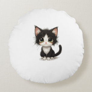 Schattigee kitten met grote ogen – Chibi Black & W Rond Kussen