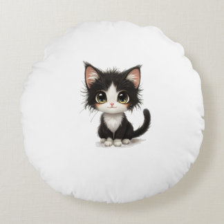 Schattigee kitten met grote ogen – Chibi Black & W Rond Kussen