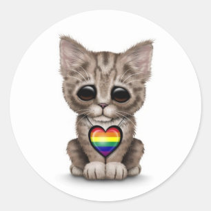Schattigee kitten met regenboog gay pride hart, wi ronde sticker