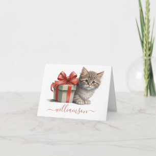 Schattigee Kitten met Rode Ribbon Gift Waterverf & Notitiekaartje