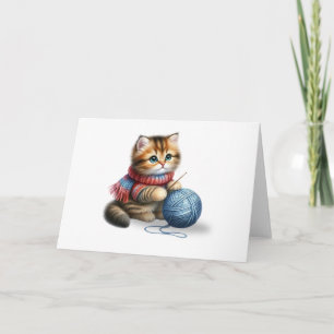 Schattigee kitten met sjaal & blauw garen Blank Gr Kaart