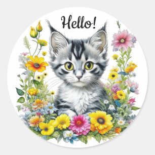 Schattigee Kitten Omgeven door Flowers HALLO   Ronde Sticker