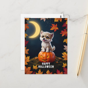 Schattigee kitten op een pompoen met herfstbladere briefkaart